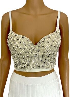 Vintage Lydia USA Ivory Pearl Rhinestone Bustier Crop Top Size L